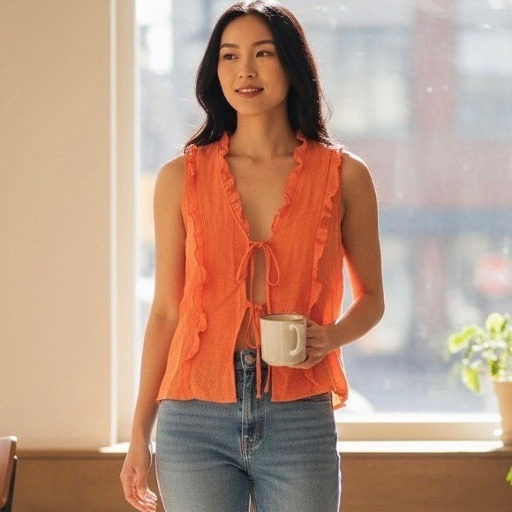 Musera Women's Orange Ruffle Tie Front Top Blouse Size XL (See Measurements) NWT